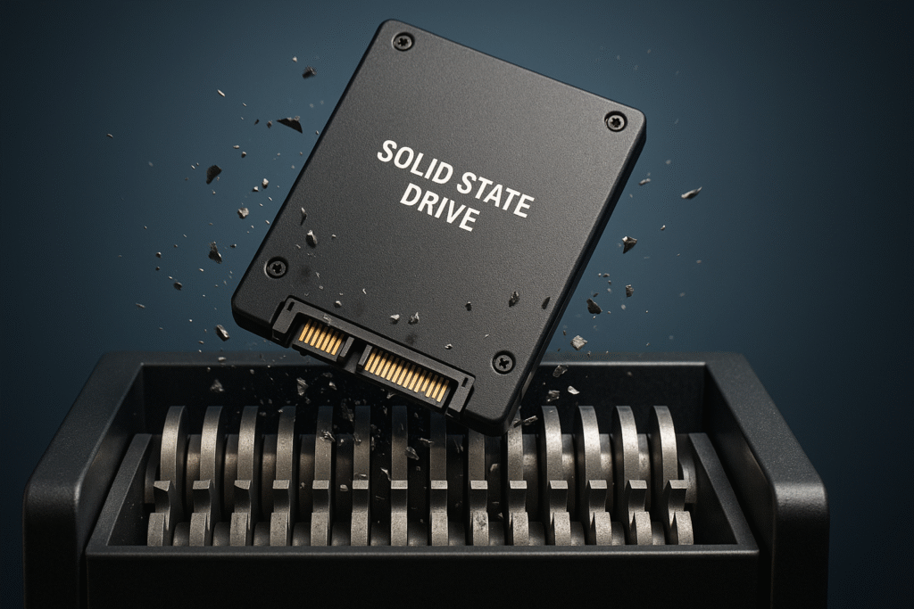 Datenträgervernichtung: Fiktives Bild von einem Datenträger in einem Schredder