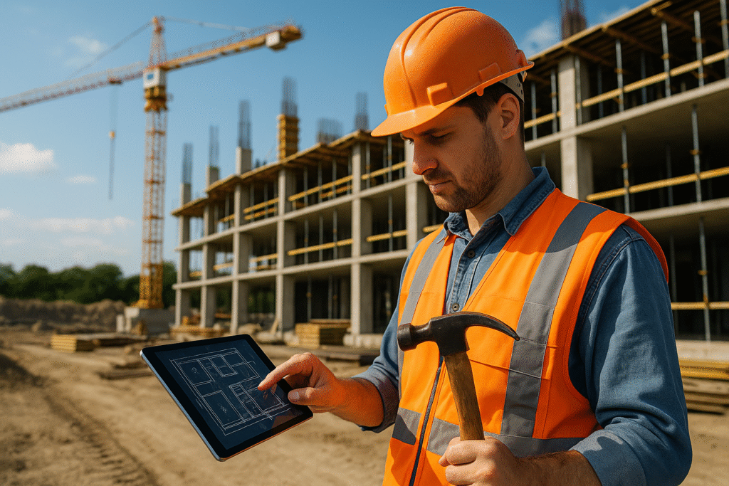Digitalisierung im Baugewerbe: Fiktives Bild eines Baustellenarbeiters mit Hammer und Tablet in der Hand