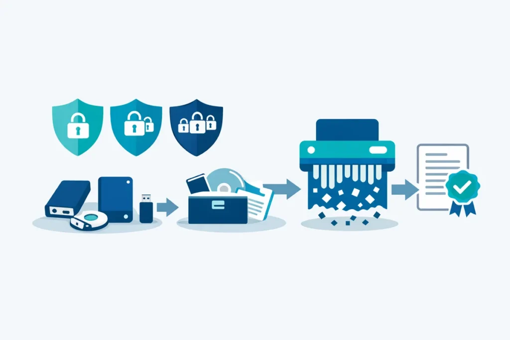 Datenträgervernichtung Prozess mit Schutzklassen, Datenträgern, Schredder und Zertifikat.