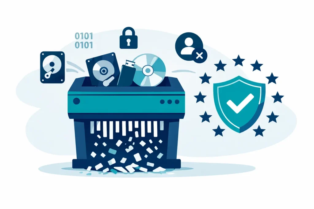 Datenträgervernichtung Illustration mit Shredder für Festplatten, USB, CDs und DSGVO‑Schutz.