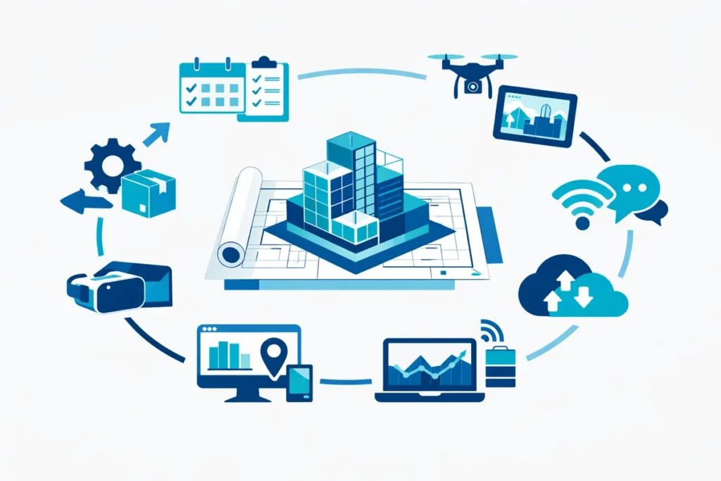Digitalisierung im Baugewerbe Prozesse: BIM, Projektplanung und Echtzeitkommunikation.