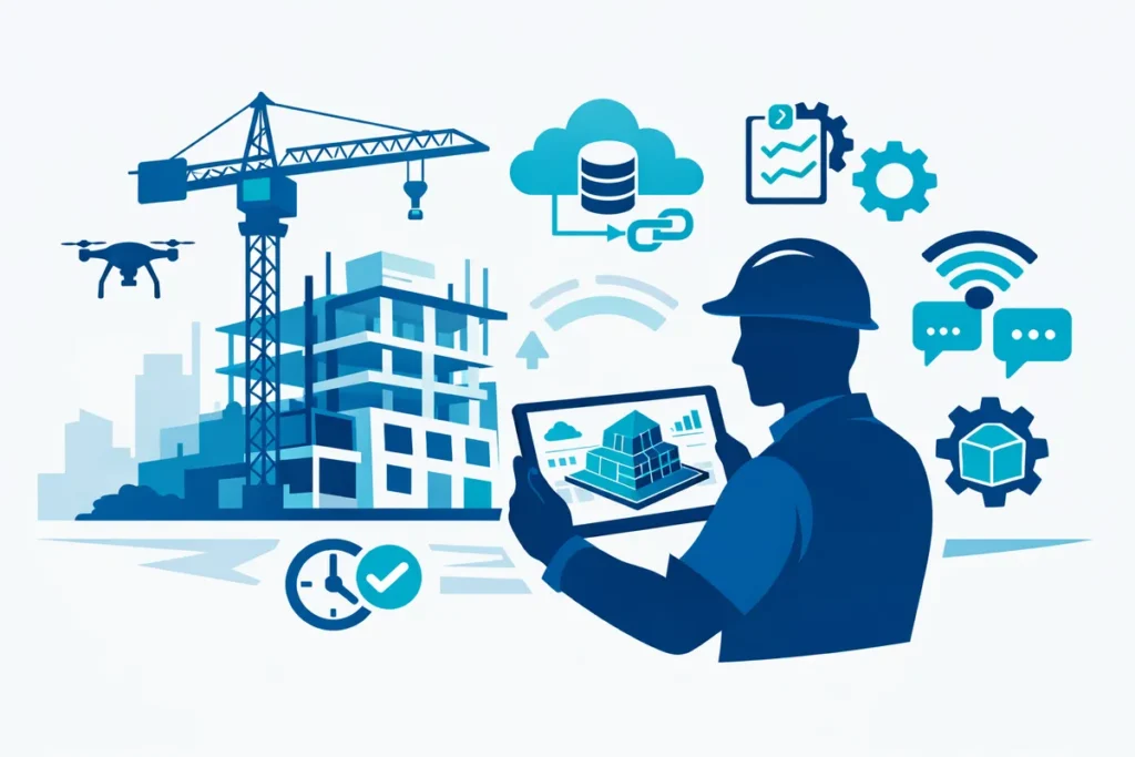 Digitalisierung im Baugewerbe mit Tablet, Drohnen und BIM‑Modell.