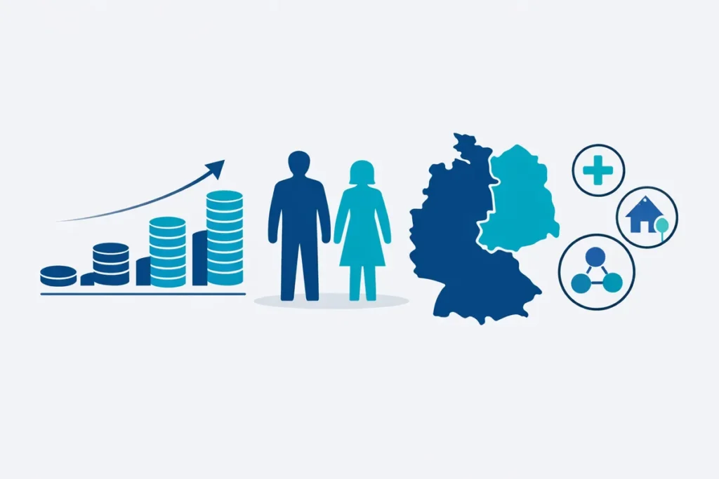 Faktoren der durchschnittlichen Rente: Beitragsjahre, Einkommen, Region und Geschlecht.