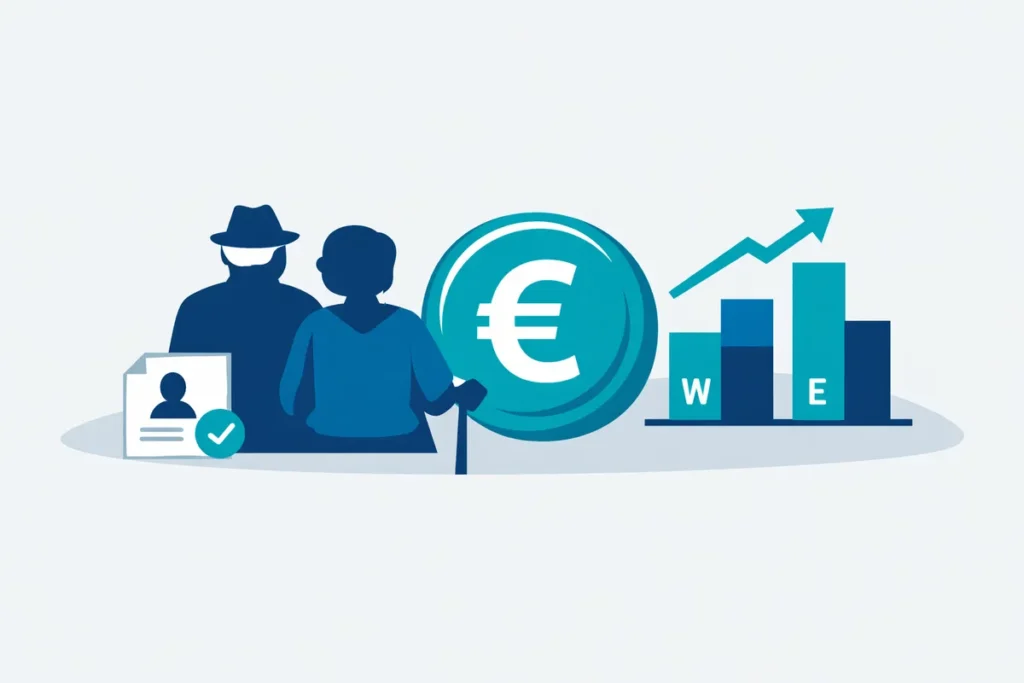Durchschnittliche Rente Illustration mit West‑Ost Balkendiagramm, Rentenpapier und Euro.
