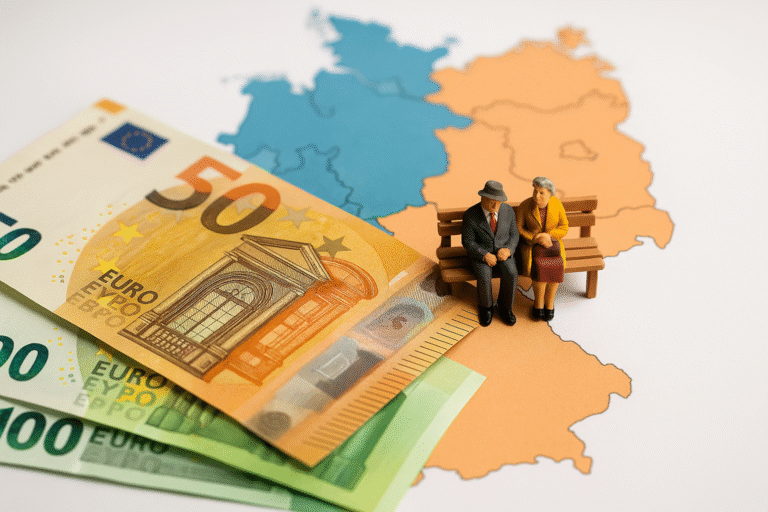 Durchschnittlich Rente in Deutschland: Fiktives Beitragsbild mit Rentnerfiguren auf einer Bank sitzen mit Geldscheinen