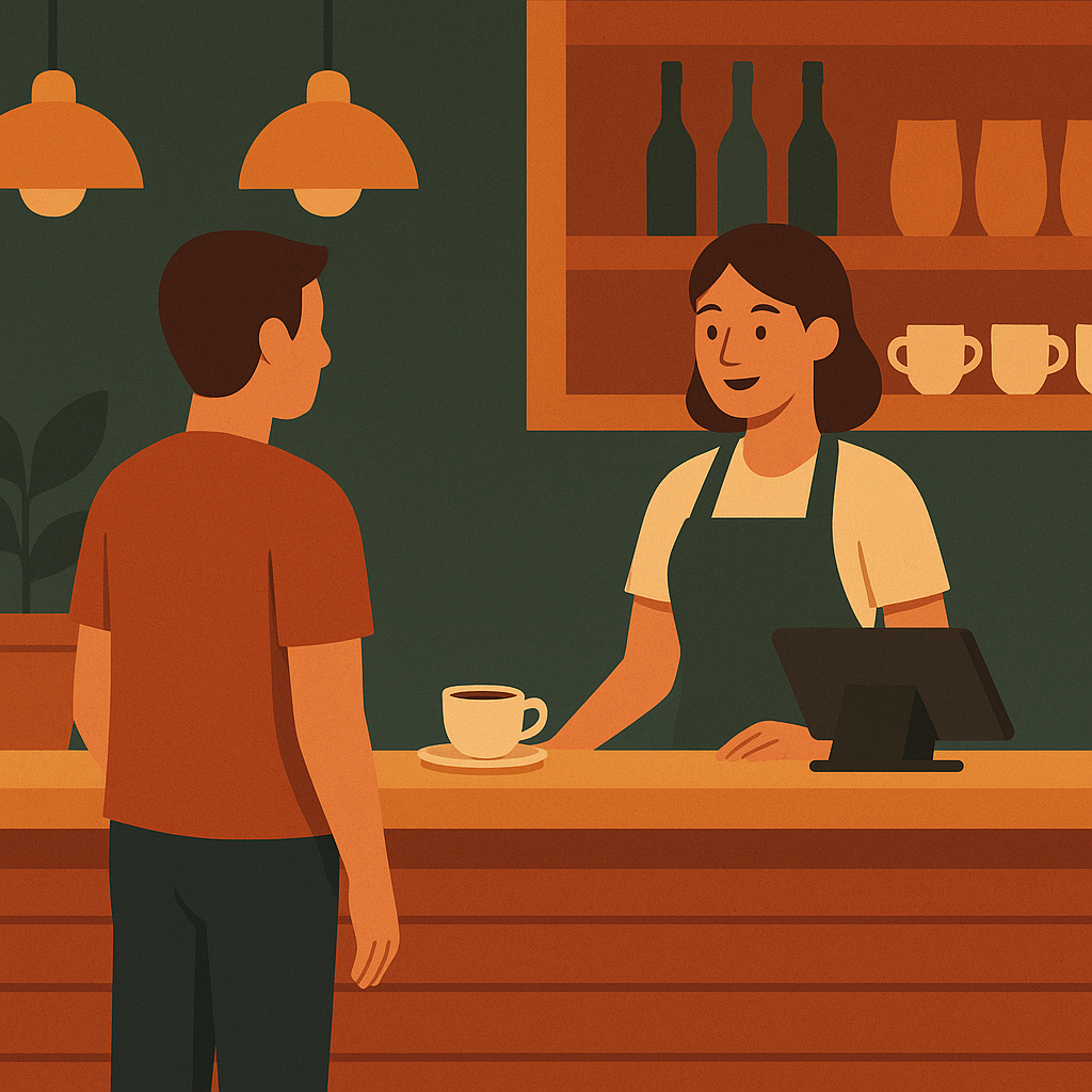 Tresen: Fiktives Bild zu dem Beitrag mit einem Kaffe auf dem Tresen, mit Käufer und Verkäufer 