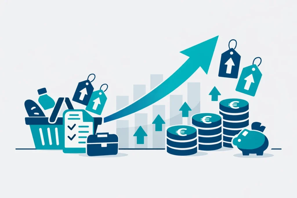 Inflation definition Illustration mit steigenden Preisen, Euro‑Münzen und Korb.