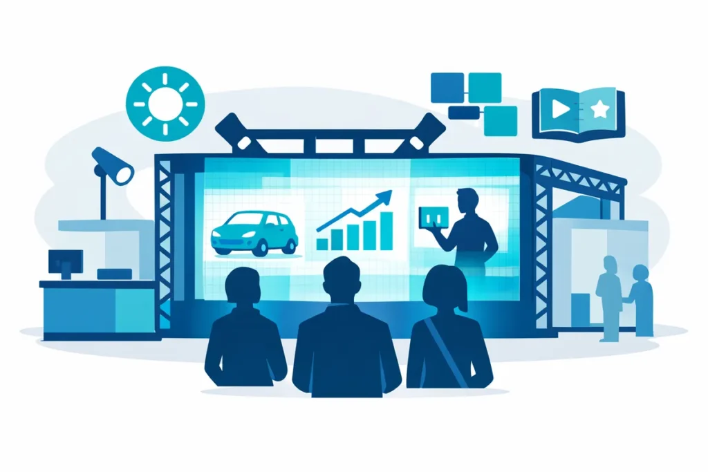 LED Messewand im Messestand mit Besuchern und leuchtender Digitalwand.