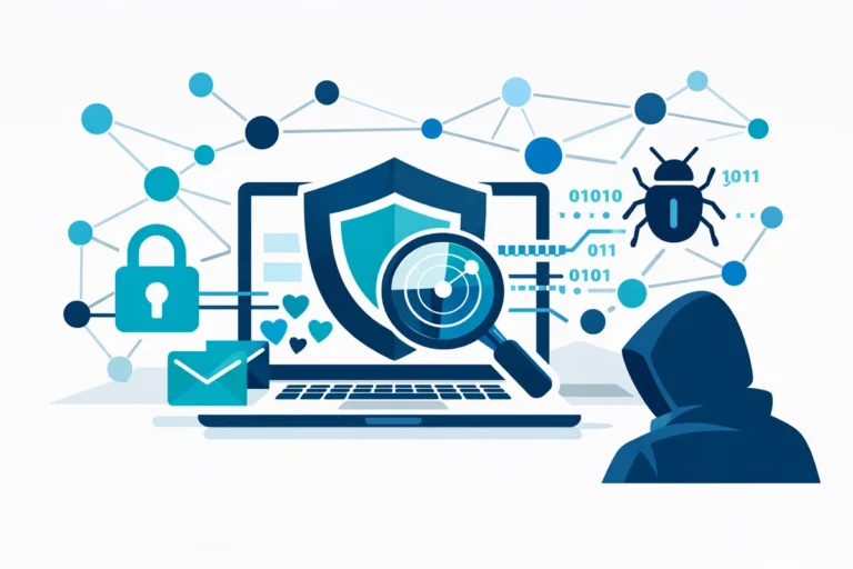 Penetrationstest Illustration mit Hacker Schutzschild und Sicherheitsanalyse.