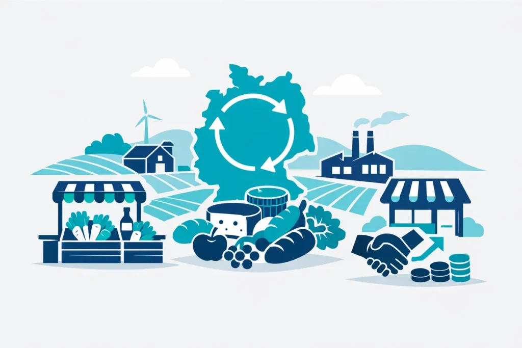 Regionale Produkte Illustration mit Deutschlandkarte, Bauernmarkt, kurzen Wegen und Ökobilanz.