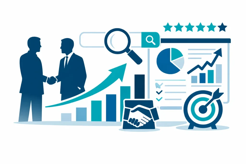 SEO Agentur Auswahl Illustration mit Handschlag, Suchleiste, Aufwärtspfeil und Erfolgsdiagramm.