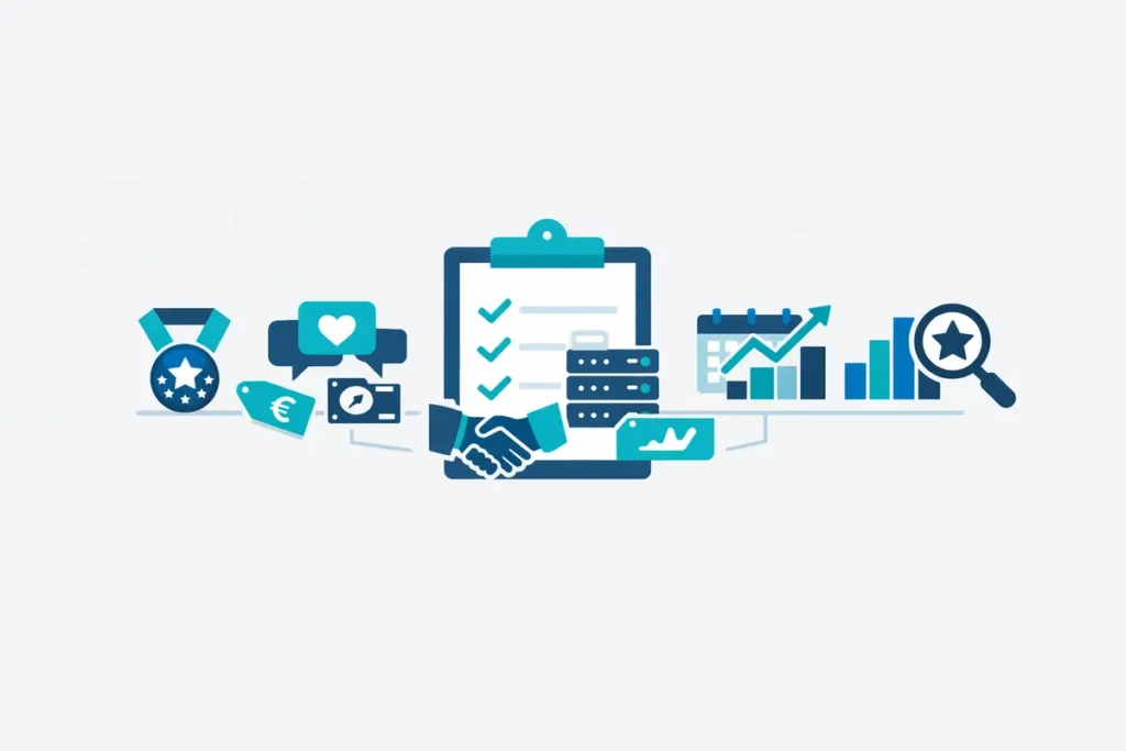 SEO Agentur Kriterien mit Erfahrung, Kommunikation, Strategie, Erfolgsmessung und Referenzen.