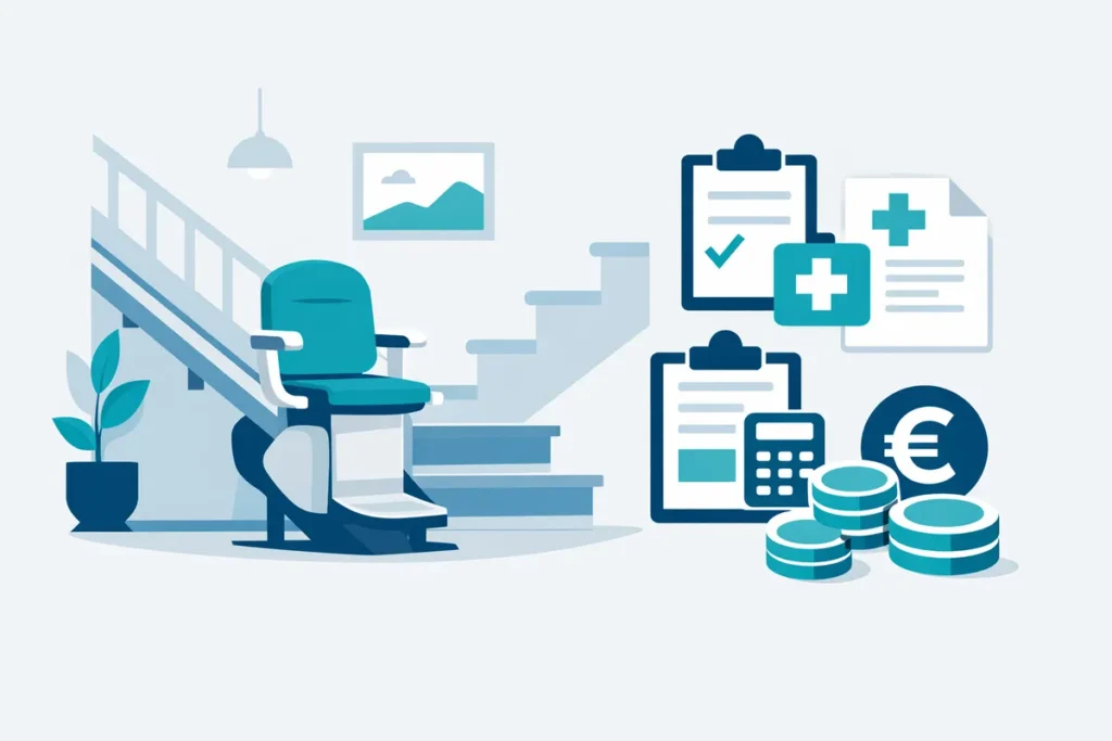 Treppenlift steuerlich absetzen Illustration mit Treppenlift, Steuerformular und medizinischem Attest.