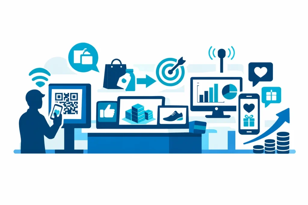 Tresen für Marketing zeigt QR‑Interaktion, personalisierte Werbung und Umsatzwachstum.