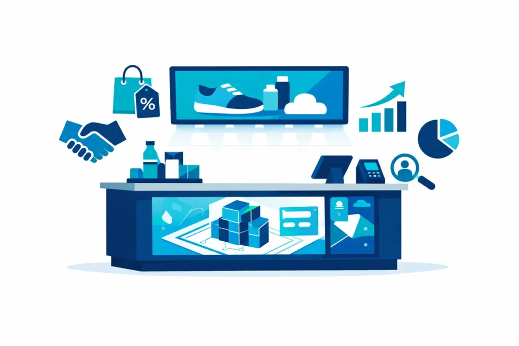 Tresen für Marketing mit digitalen Bildschirmen, Angeboten und Datensymbolen.