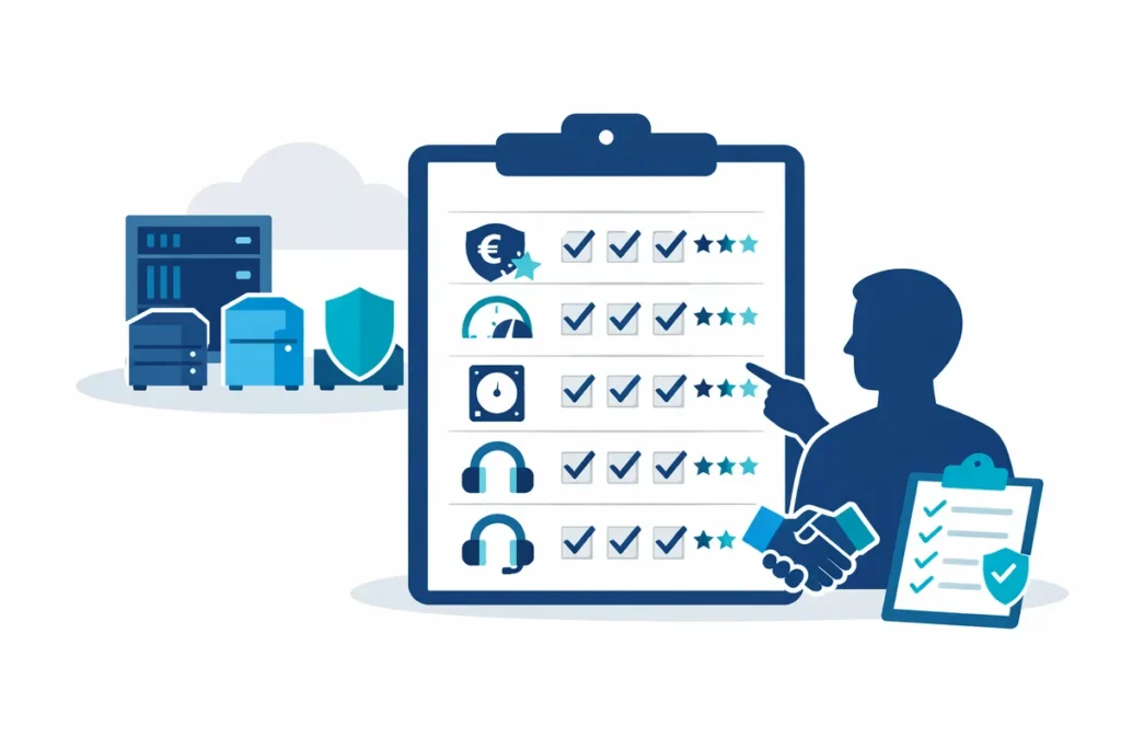 Webhosting Anbieter Auswahl mit Vergleichscheckliste für Preis, Leistung und Support.