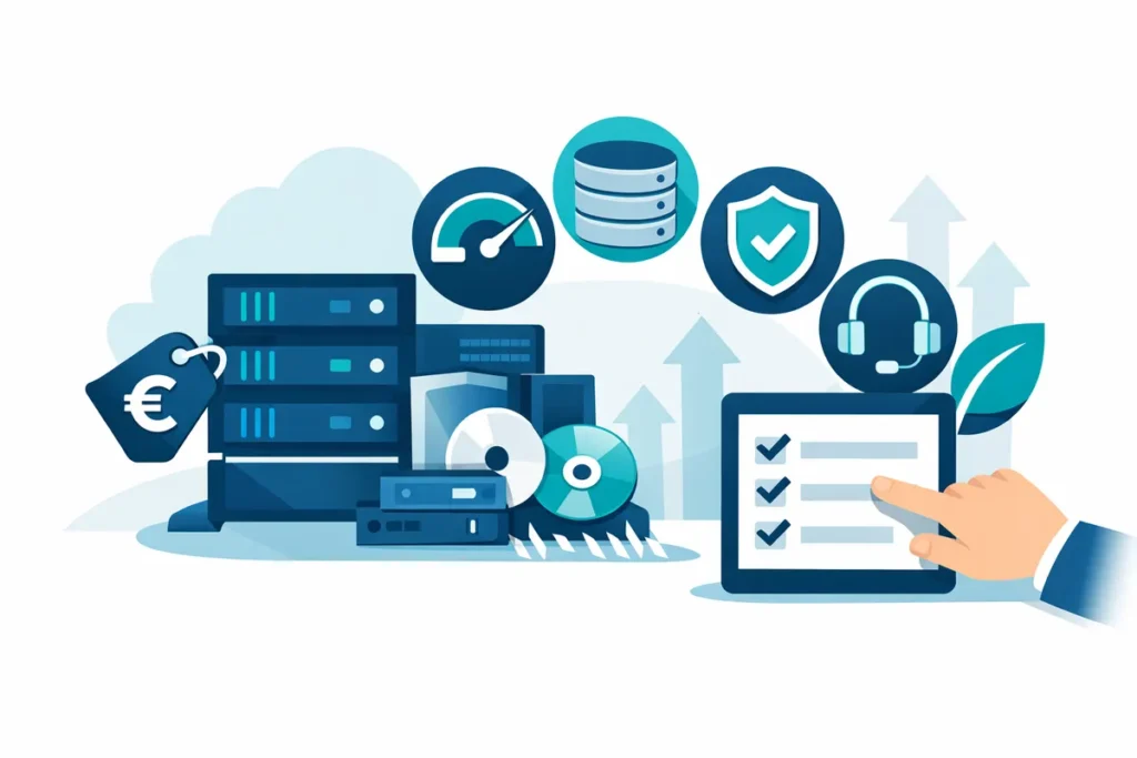 Webhosting Anbieter Illustration mit Servern, Preisschild, Leistung, Speicher, Sicherheit und Support.