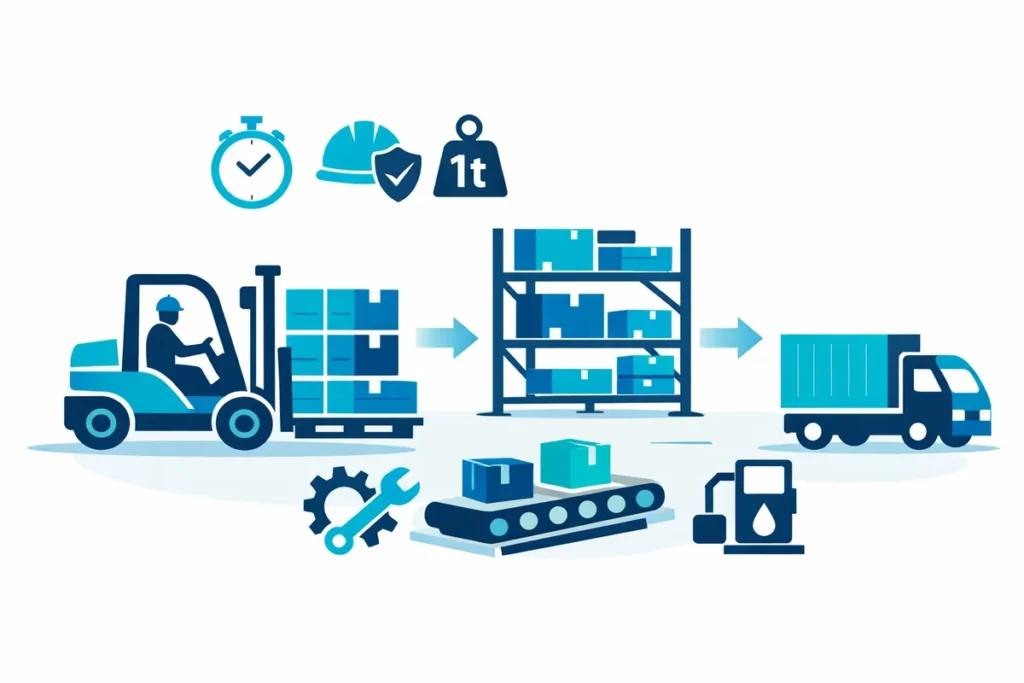 Gabelstapler und Logistik Content mit Warenumschlag, Effizienz und Sicherheit.