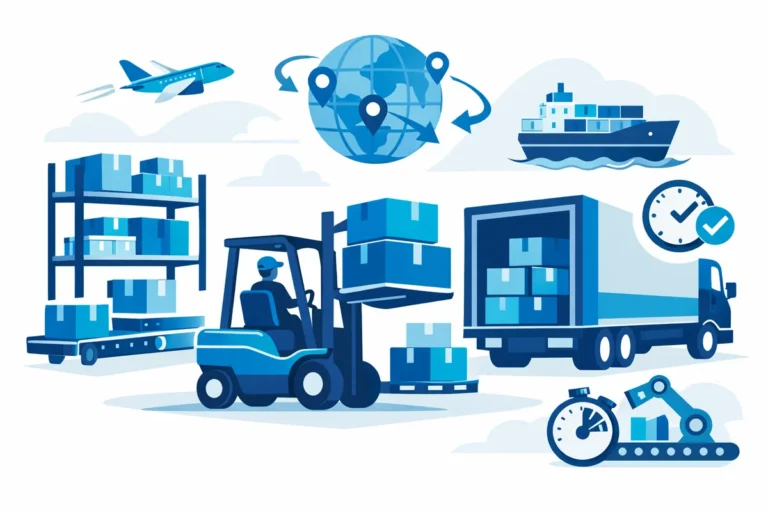 Gabelstapler und Logistik Illustration mit Stapler, Paletten, Förderbändern und Lkw.