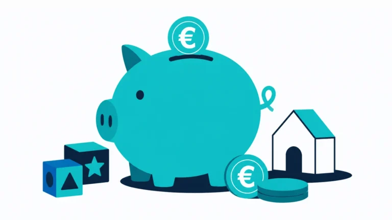 Kindergeld 2027 als Sparschwein mit Münzen und Kinderbausteinen