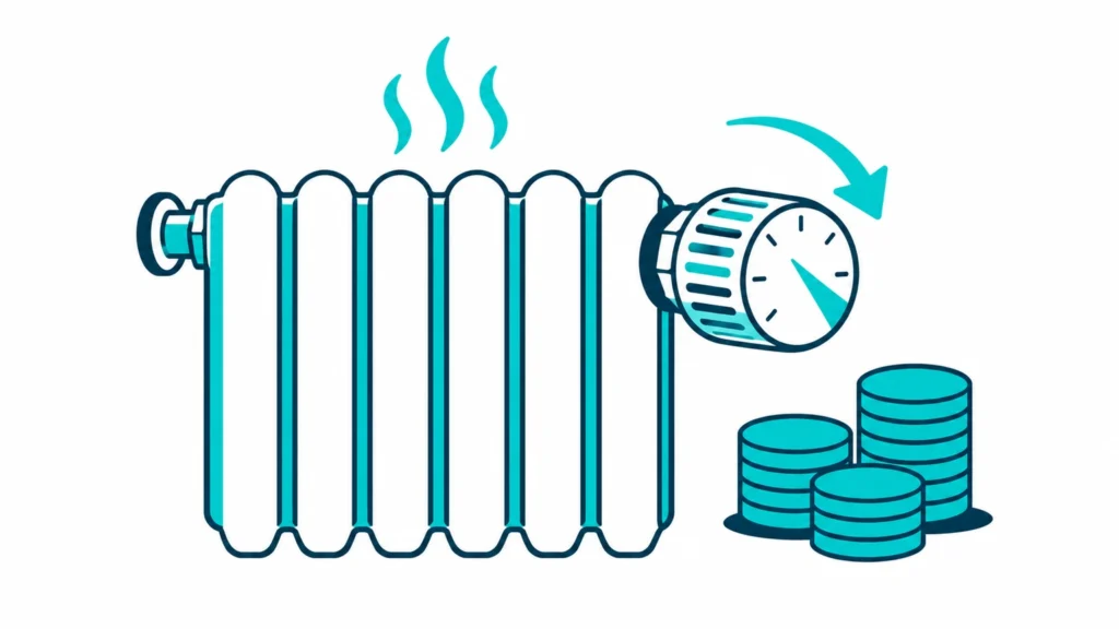 Heizkosten sparen mit Heizkörperthermostat, Abwärtspfeil und Münzstapeln