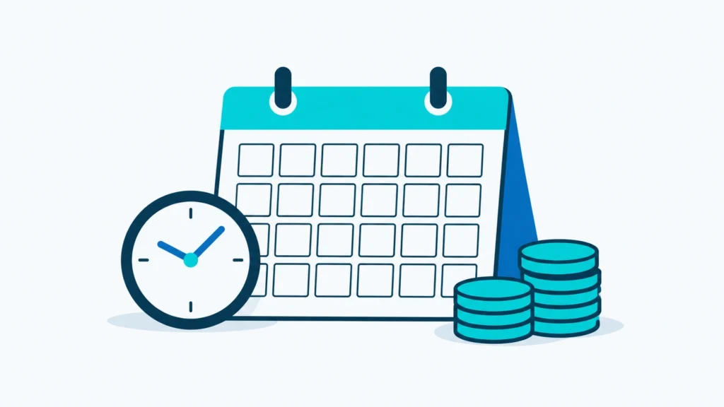 Mindestlohn 2027: Kalender, Uhr und Münzstapel zum Monatslohn