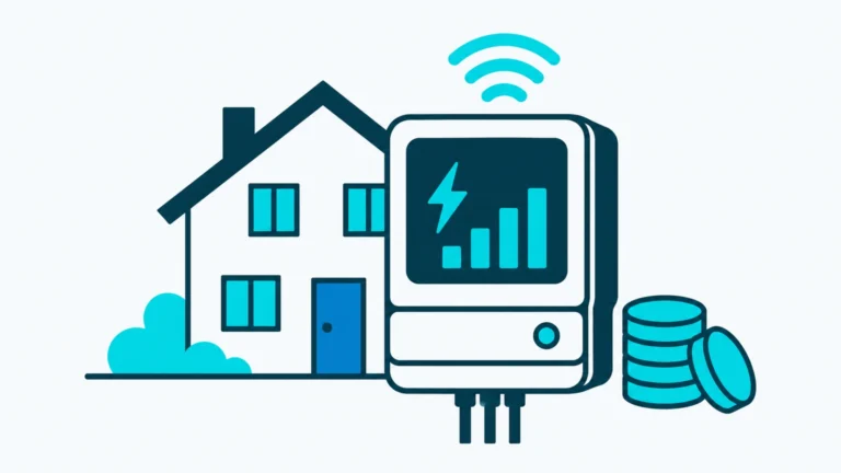 Smart Meter vor einem Haus mit Funksignal und Münzstapel