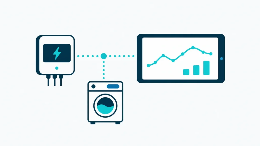 Smart Meter mit Waschmaschine und Verbrauchsdiagramm auf einem Tablet